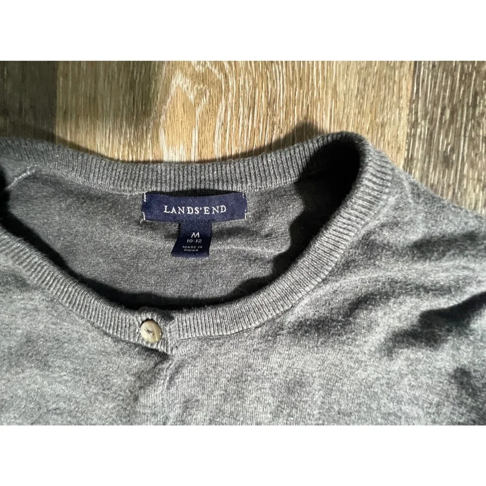 Lands End Cardigan Women Medium Gray Button Front Crew Neck Cotton Knit
